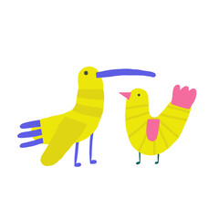 Cute jungle, rain forest composition, postcard with funny hand drawn doodle tropical birds couple, parrot, ara, dove, sparrow. Wild nature, mossy forest, wood t shirt print, cover, template, banner, p