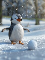 Fototapeta premium Illustration of Penguin dressed in a golf outfit, swinging a golf club with a determined look. Ai Generate.