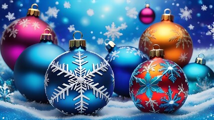 blue christmas background with snowflakes and christmas balls
