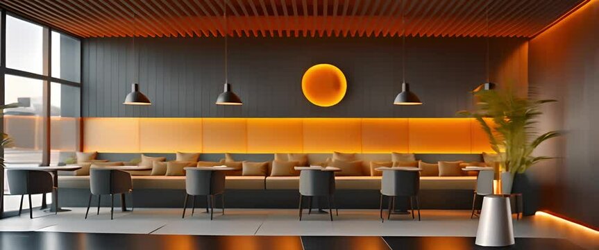 Fast food restaurant interior lighting and seats modern.