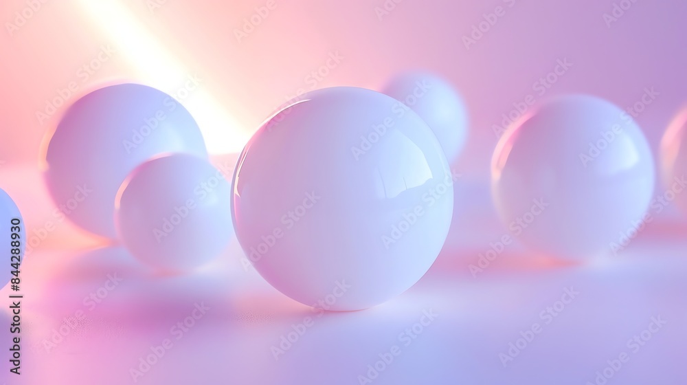 Poster 3d rendering of a group of white spheres on a pink background. the spheres are of different sizes an
