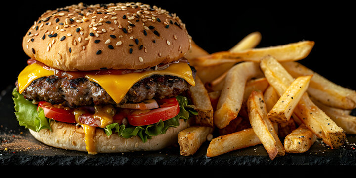 Classic fast food combo of hamburger and fries on a dark backdrop.