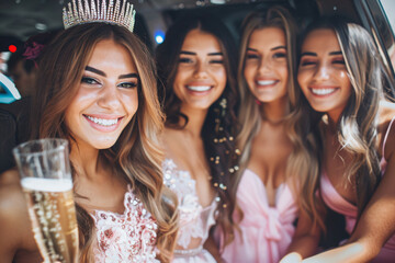 Obraz premium a group of women in dresses and tiables are posing for a picture