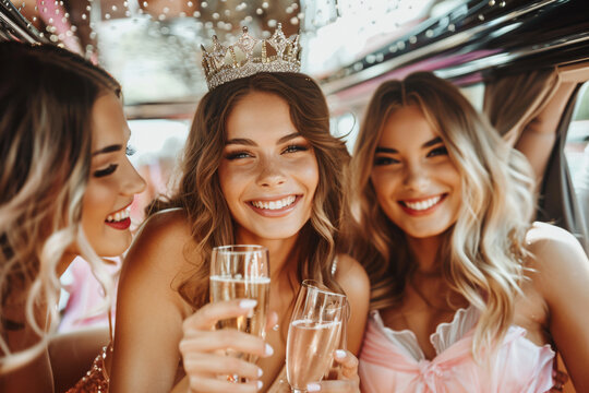 three women in a limo with champagne flutes