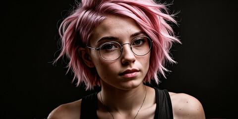 Fototapeta premium a woman with pink hair and glasses on a black background with a necklace on her neck, rpg portrait, a character portrait, computer art