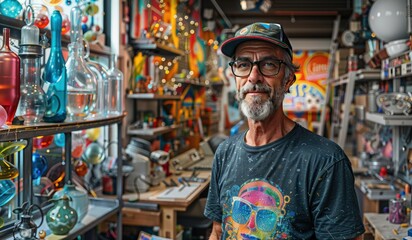 Fototapeta premium Artist in a vibrant studio filled with colorful glass and art pieces, showcasing creativity and artistic expression.
