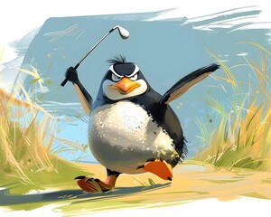 Illustration of Penguin dressed in a golf outfit, swinging a golf club with a determined look. Ai Generate.