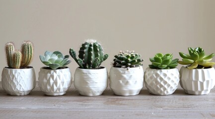 A collection of small white ceramic pots with textured surfaces, each containing different types and sizes of cacti or succulents against a plain background. 