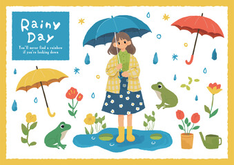 手書きタッチの傘をさす女の子セット