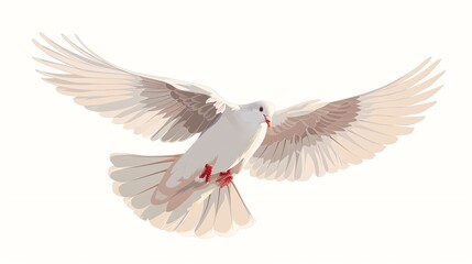 A beautiful white dove is flying with its wings spread wide. The dove has a gentle expression on its face and is looking downward.