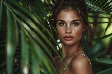 a woman with a very big breast is posing in front of a palm tree