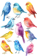 Colorful watercolor illustrations of birds 