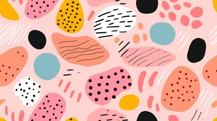 Abstract colorful pattern with various shapes and textures, featuring pink, orange, yellow, black, and blue elements on a light background.