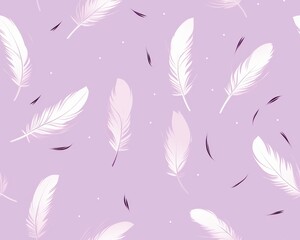 Seamless pattern of white feathers on a soft purple background, perfect for textile design, wallpaper, and digital backgrounds.
