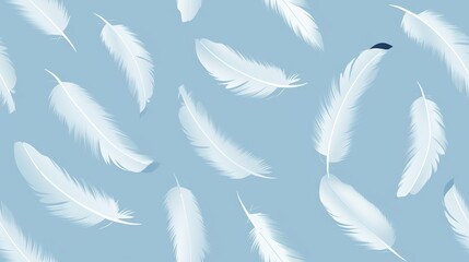 Seamless pattern of white feathers on a light blue background. Elegant and airy design for crafting, decor, or digital projects.