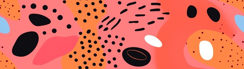 Obraz premium Vibrant abstract pattern with colorful shapes and bold strokes on a coral background. Ideal for modern designs, textiles, and digital graphics.