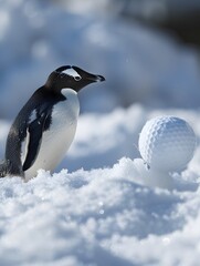 Fototapeta premium Illustration of Penguin dressed in a golf outfit, swinging a golf club with a determined look. Ai Generate.