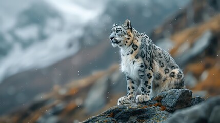 Majestic Snow Leopard Surveying Its Snowy Kingdom, Endangered Snow Leopard in Its Natural Habitat