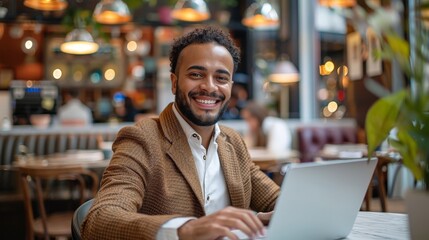 Obraz premium Young businessman smile sitting and working with computer laptop in coffee shop. enjoying the flexibility of remote work