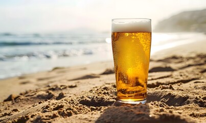 A glass of beer sits on a sandy beach , Generative AI