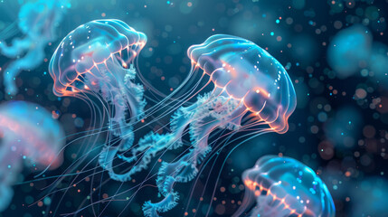 Obraz premium A group of jellyfish are swimming in the ocean