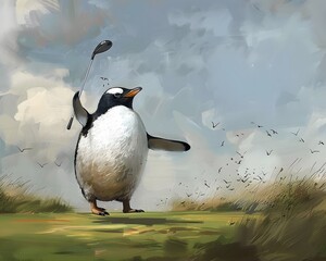 Illustration of Penguin dressed in a golf outfit, swinging a golf club with a determined look. Ai Generate.