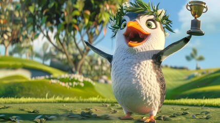 Illustration of Penguin celebrating a golf victory, holding a tiny trophy and wearing a laurel wreath. Ai Generate.
