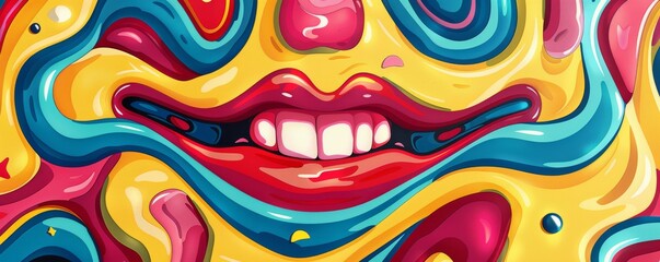 Smiling mouth is floating on a colorful abstract swirl background