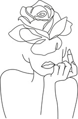 Woman Head with Flowers Line Vector Drawing. Style Template with Female Face with Flowers. Modern Minimalist Simple Linear Style. Beauty Fashion Design