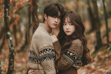 Fototapeta premium a couple of people standing in a forest