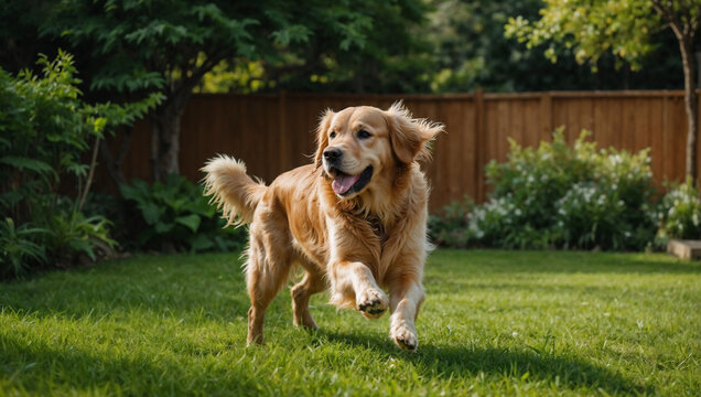 Cane di razza Golden retrive corre felice in un prato verde