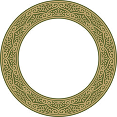 Vector round gold with green border, frame, Pompeii ring. Circle Neopolitan ornament. Art of Ancient Rome