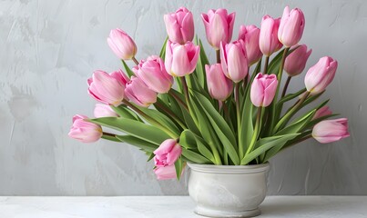 fresh spring pink tulips bouquet on white table, Generative AI