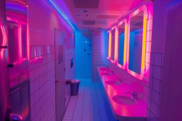 Public washroom illuminated with neon lights featuring a row of sinks and reflections on the wall