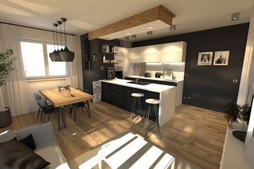 This sunny interior showcases a contemporary kitchen with a dining table, modern appliances, and wooden accents