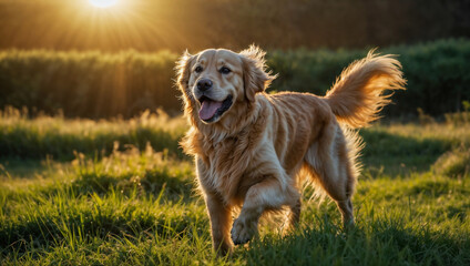 Cane di razza Golden retrive corre felice in un prato verde al tramonto