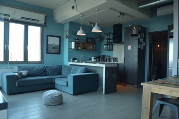Fototapeta premium Comfortably styled apartment with a relaxing blue color scheme and a connected kitchen and living area
