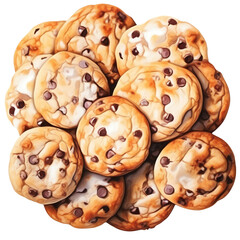 A pile of freshly baked chocolate chip cookies. Perfect for food-related designs, baking themes, or snack promotions.