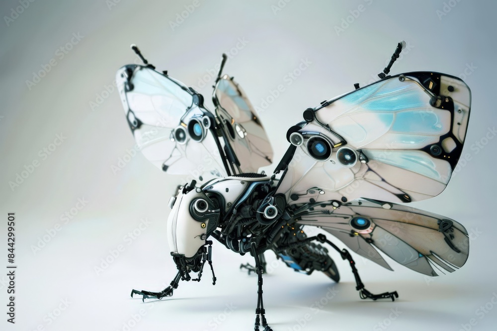 Poster This image showcases a robotic butterfly with detailed mechanics and translucent wings, emphasizing technology inspired by nature