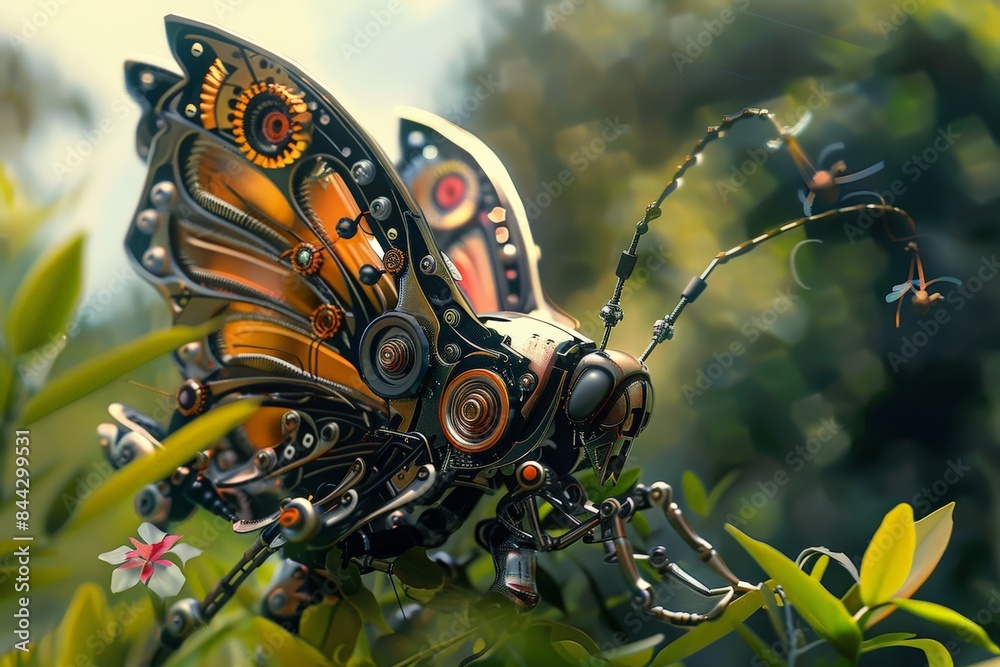 Aufkleber a digital artwork of a mechanical butterfly with intricate steampunk design perched on a plant