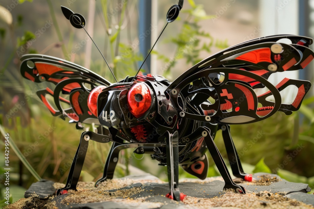 Poster striking red and black mechanical butterfly sculpture with visible cogs and gears on sandy ground