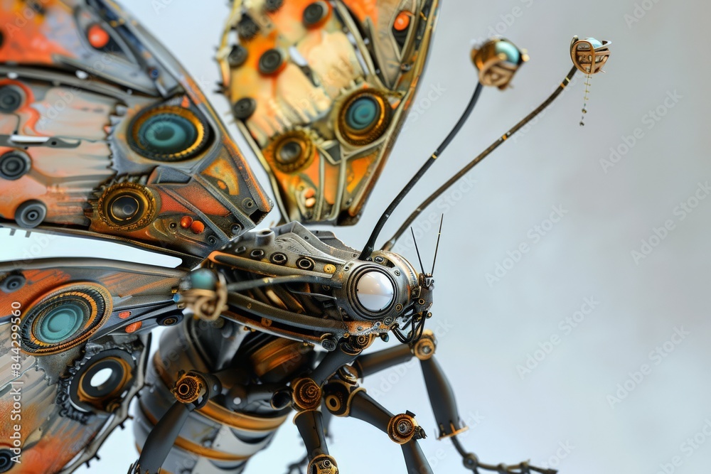 Poster An imaginative portrayal of a robotic butterfly with ornate, detailed wings and floating elements, blurring lines between art and technology