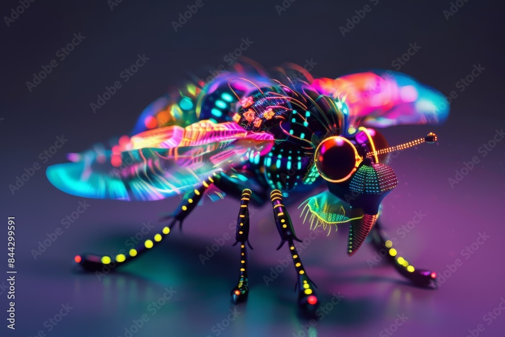 Poster this image features a vibrant and detailed representation of a mechanical insect resembling a fly wi