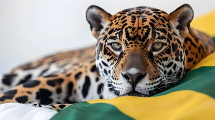 Fototapeta premium Majestic Jaguar and the Vibrant Flag of Brazil on Minimalist Background