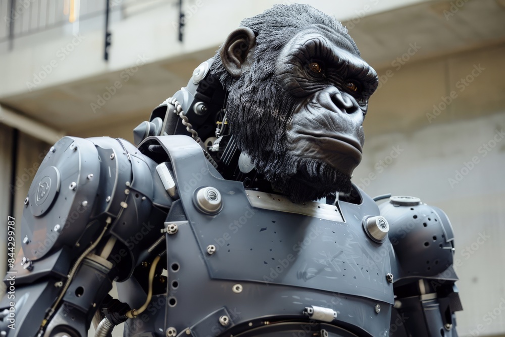Poster close-up of a robotic ape with a detailed mechanical body and intense gaze