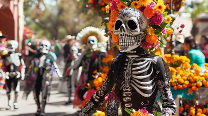 Obraz premium The Mexican Day of the Dead parade features vibrant skeletons, marigolds, altars, lively music, and dances.