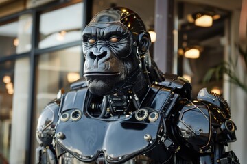 Obraz premium A highly detailed robotic gorilla head on display, revealing a fusion of technology and lifelike design