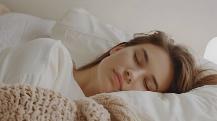 Obraz premium Peaceful Sleeping Woman Resting in Cozy Bed with Soft Pillows and Blanket on White Background