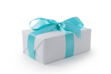 White gift box with blue ribbon bow isolated on white background