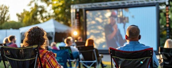 People enjoying an outdoor movie night, sitting in lawn chairs and watching a large screen under the evening sky with trees in the background.